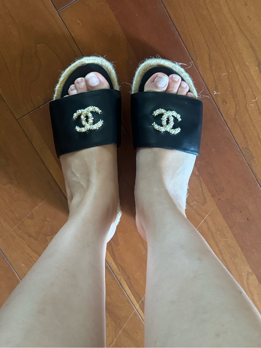 CHANEL Black Pearl-Embellished Espadrille Slide Sandals